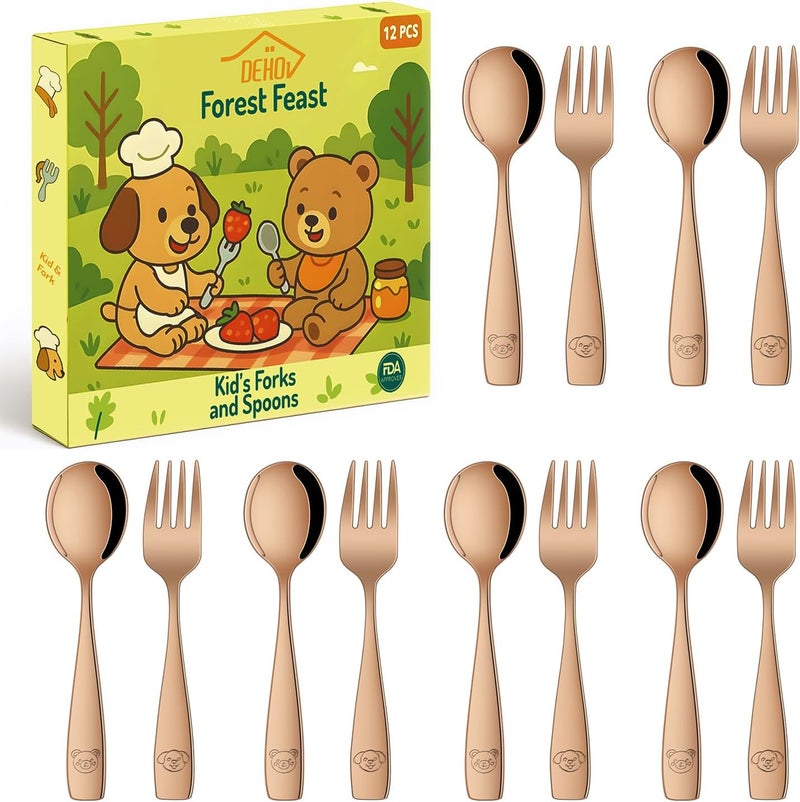 Dehov Rose Gold Toddler Eating Utensils Set,Set Of 12 Food Grade Stainless Steel Silverware Sets For Kids,Dishwasher Safe Children Small Metal Spoons And Forks Flatware Sets - Image 1